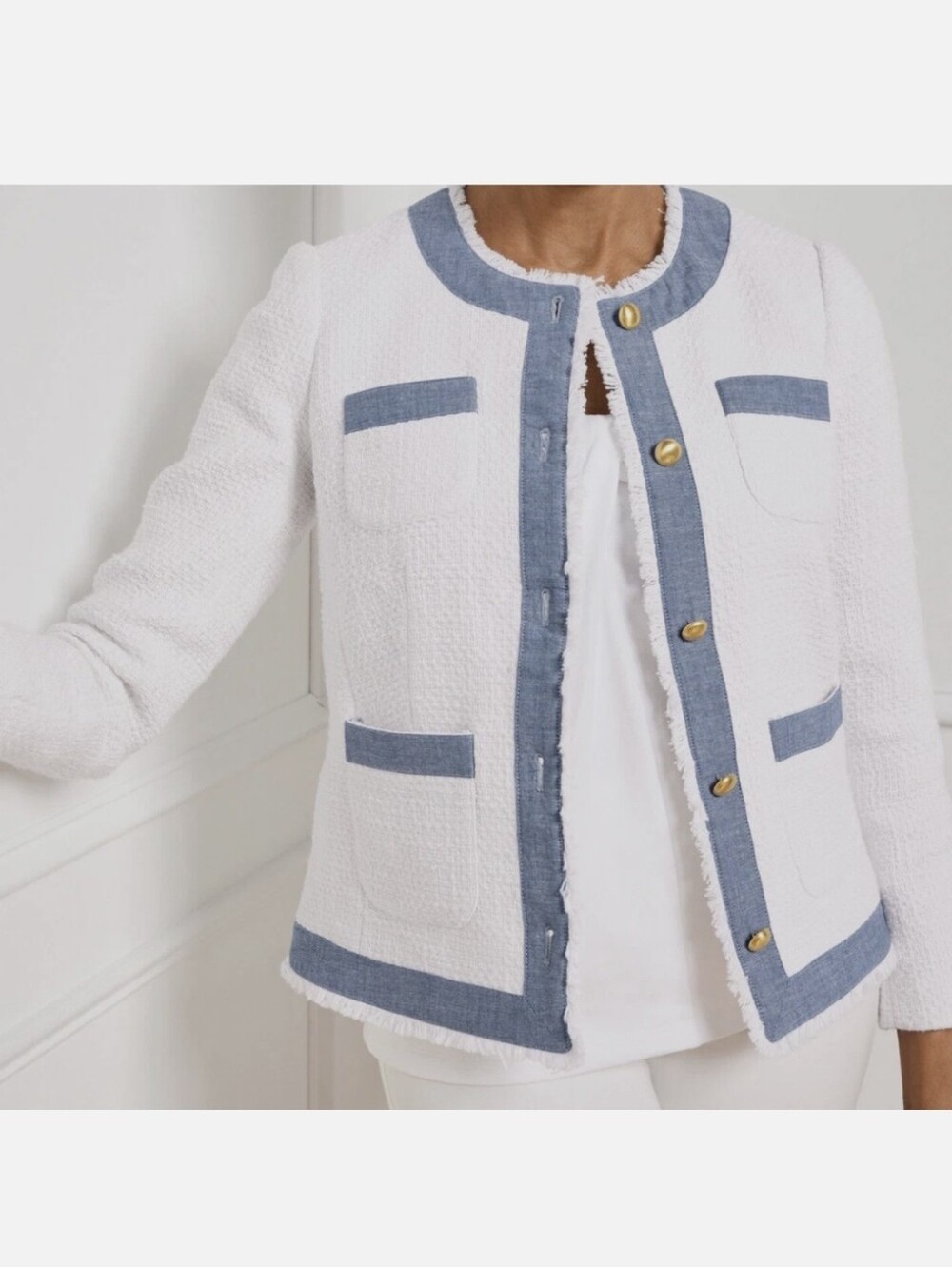 Talbots White Cotton Tweed Lined Blazer Blue Trim Gold Buttons Sz 16 Petites